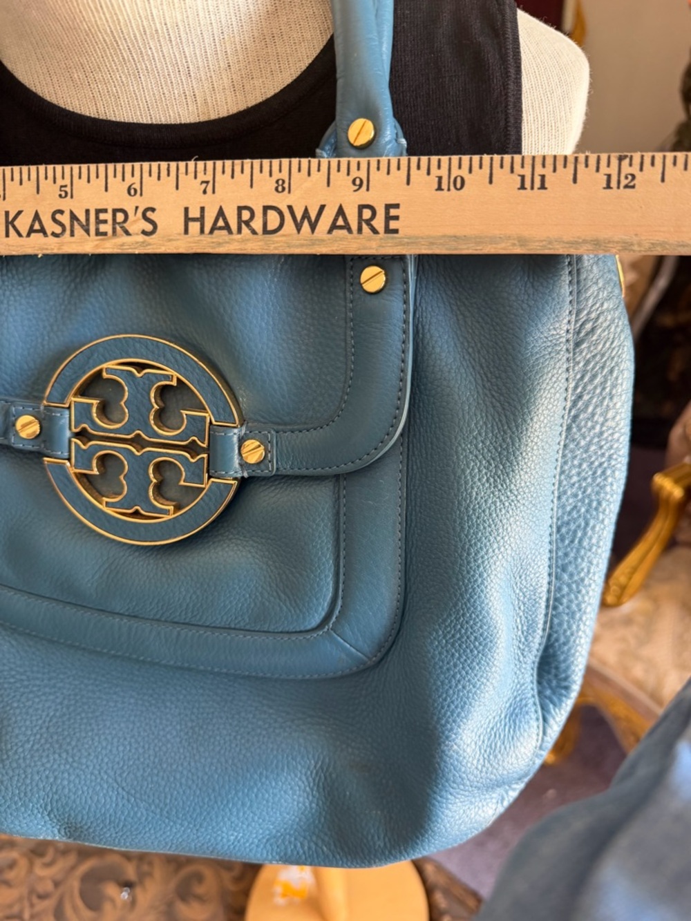 Tory Burch Blue Teal Pebbled Leather Shoulder Bag with Gold Logo - Picture 10 of 14